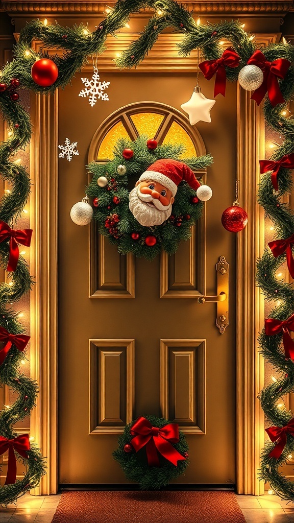 A decorated Christmas door with 3D snowflakes, Santa, and ornaments, illuminated by lights.